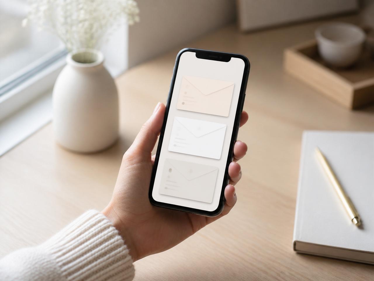 En hand håller en mobil som visar en lugn digital brevlåda med några kuvert.