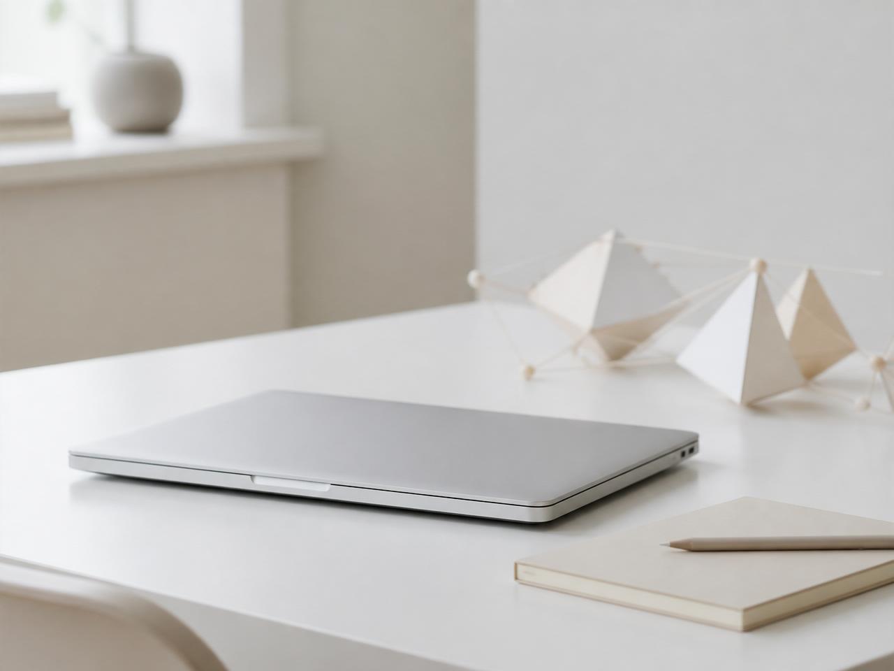 En sluten laptop på ett ljust skrivbord intill en pappersmodell av sammankopplade noder.