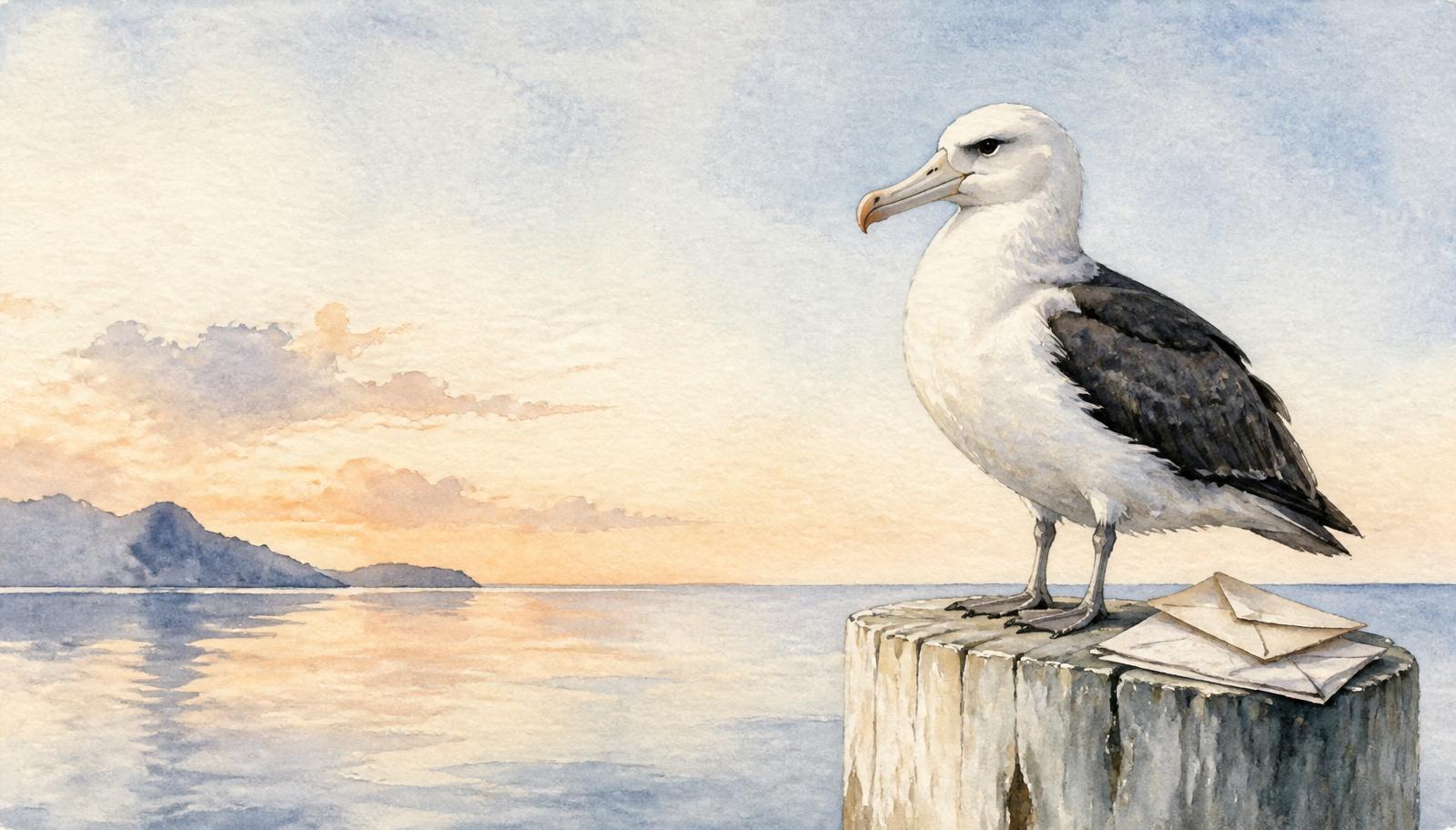 Akvarellmålning av en albatross som vilar på en väderbiten stolpe med några brev bredvid.