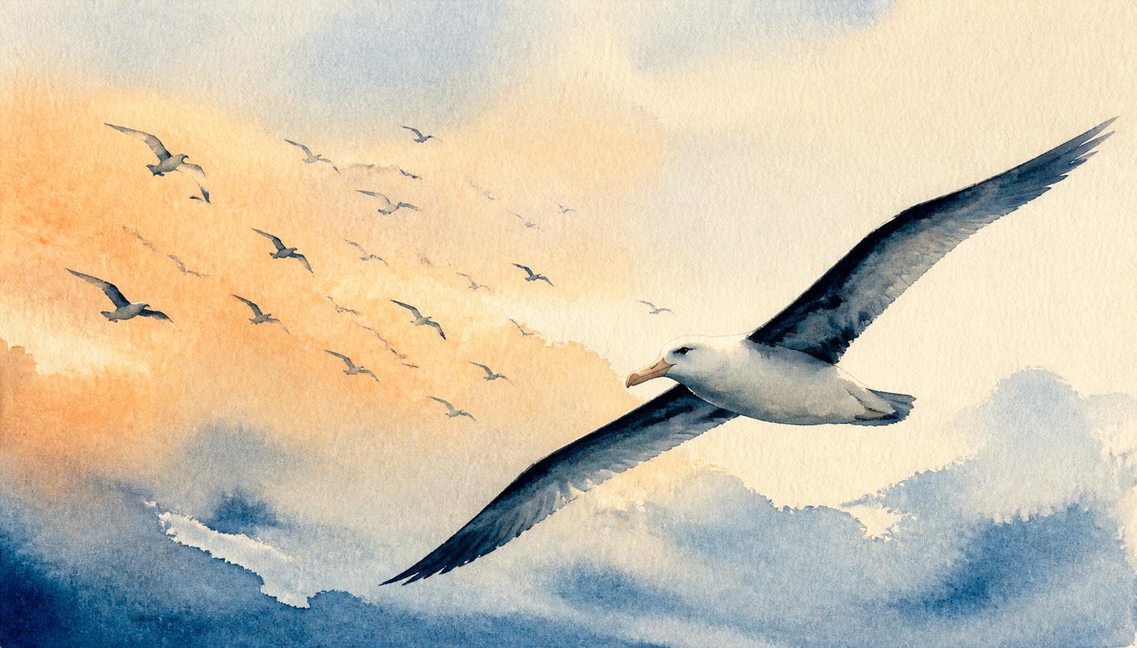 Akvarellmålning där en flock små sjöfåglar samlas mot en stor albatross som leder vägen.