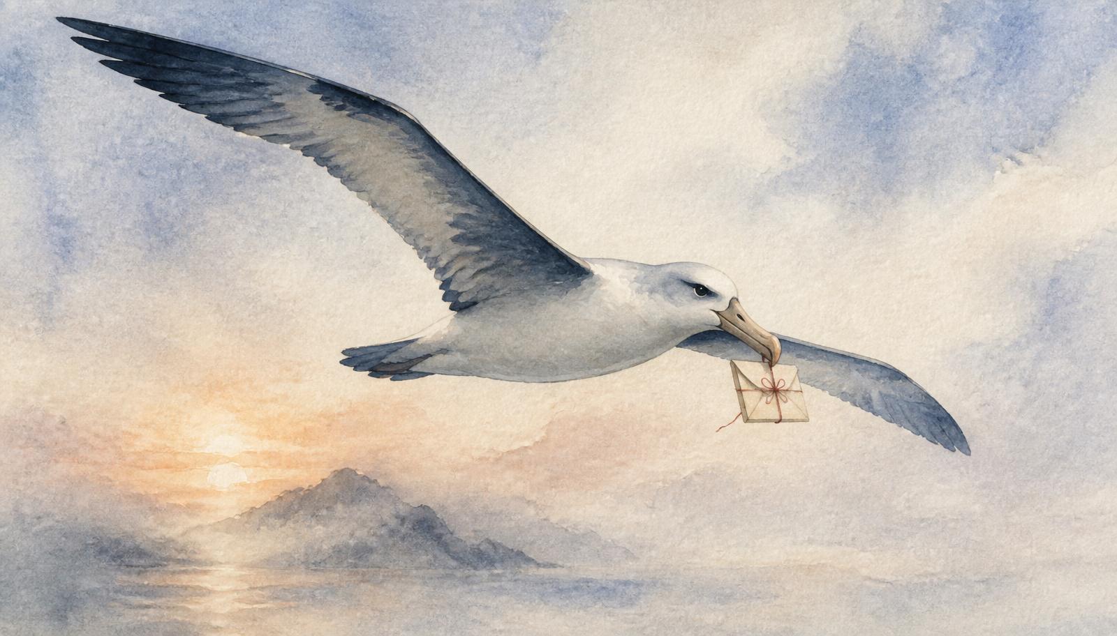 Akvarellmålning av en albatross som bär ett litet försegat brev i näbben över ett dimmigt hav.