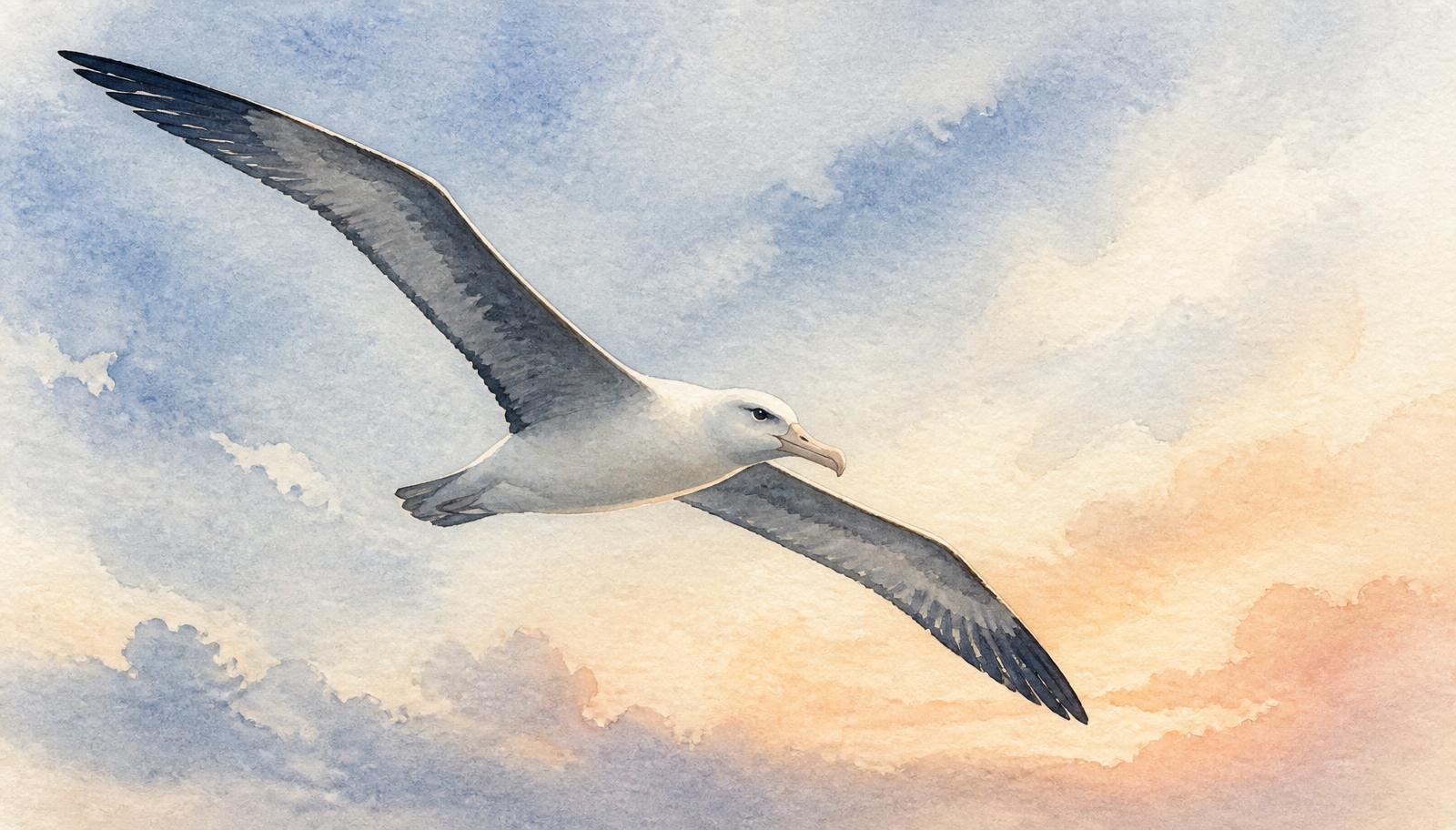 Akvarellmålning av en albatross som glider genom en mjuk gryningshimmel.