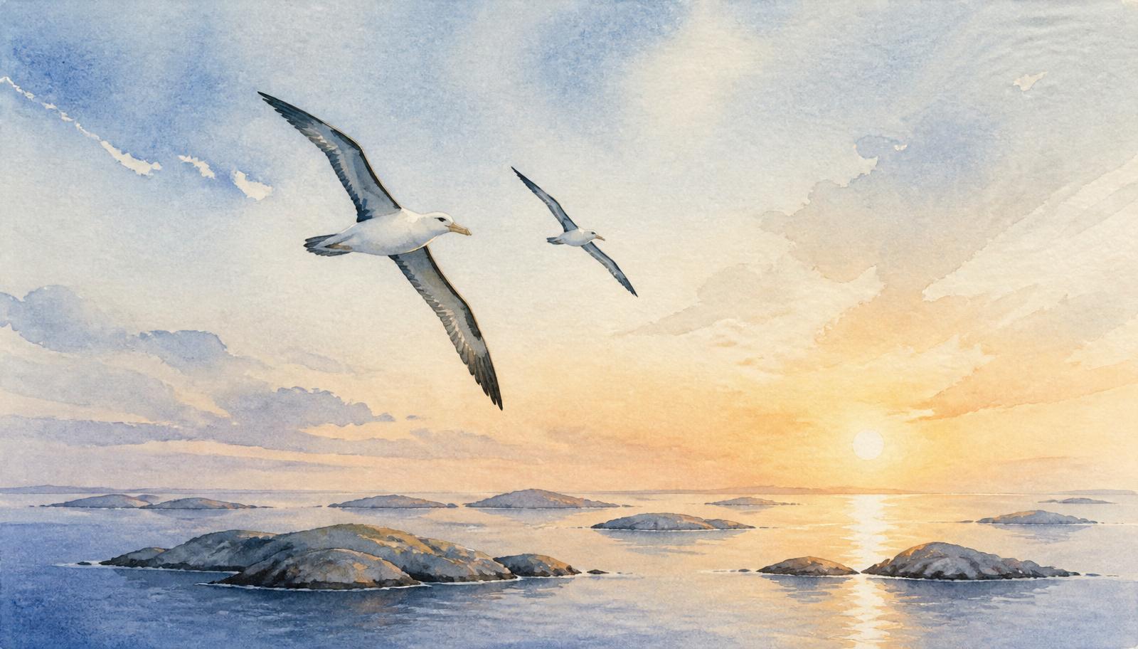 Akvarellmålning av två albatrosser över den svenska skärgården vid soluppgång.