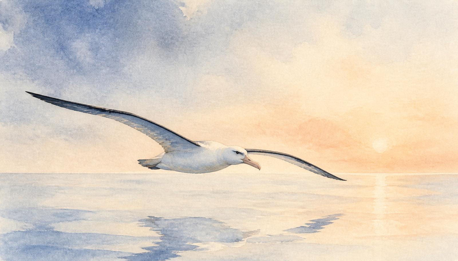 Akvarellmålning av en albatross som glider lågt över ett spegelblankt hav vid gryning.